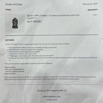 Ski Pro - Phoenix - The stores order summary clearly stating the the vest was 2020-2021 inventory and that why it was on sale. I guess just not for me. - Sporting Goods Near Me - Phoenix, Arizona Ski Pro - Phoenix - The stores order summary clearly stating the the vest was 2020-2021 inventory and that why it was on sale. I guess just not for me. - Sporting Goods Near Me - Phoenix, Arizona