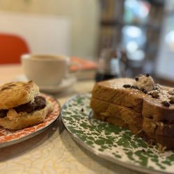 Splitshift - Sausage biscuit with pimiento cheese & cannoli French toast