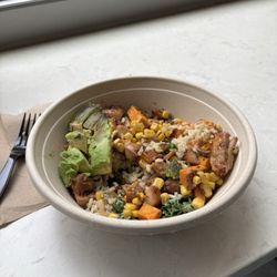 Happy + Hale - Bowl with chicken, avocado, sweet potato, corn. It was good but disappointed they did not fill the bowl up with bigger portion sizes.