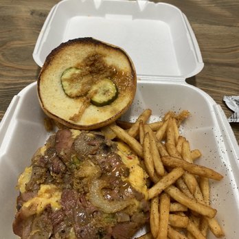 Village Deli Sub & Pub - Brisket hamburger with fries - American Near Me - Augusta, Georgia Village Deli Sub & Pub - Brisket hamburger with fries - American Near Me - Augusta, Georgia