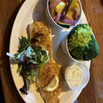 Elliott's Roadside Grill - Parmesan Cod with Steamed broccoli and zucchini stir fry. - Burgers Near Me - Edgewater, Florida