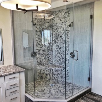 GCS Glass & Mirror - Neo angle frameless glass shower with brushed nickel hardware installed in Cherry Creek, Colorado. - Glass & Mirrors Near Me - Denver, Colorado