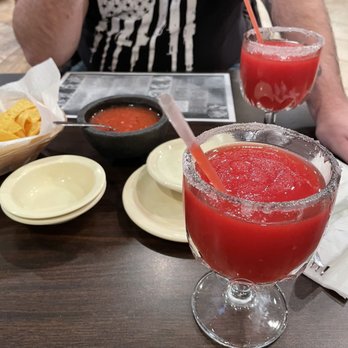 Casa Vieja - Strawberry margaritas that we got in a pitcher, salsa, chips and cheese dip. - Mexican Near Me - Hendersonville, Tennessee