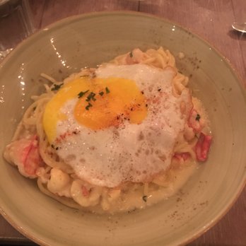 Driftwood Kitchen - Lobster carbonara - big pieces of lobster, didn't love the egg on top, was hard to mix into the sauce for the full affect - Seafood Near Me - Laguna Beach, California Driftwood Kitchen - Lobster carbonara - big pieces of lobster, didn't love the egg on top, was hard to mix into the sauce for the full affect - Seafood Near Me - Laguna Beach, California