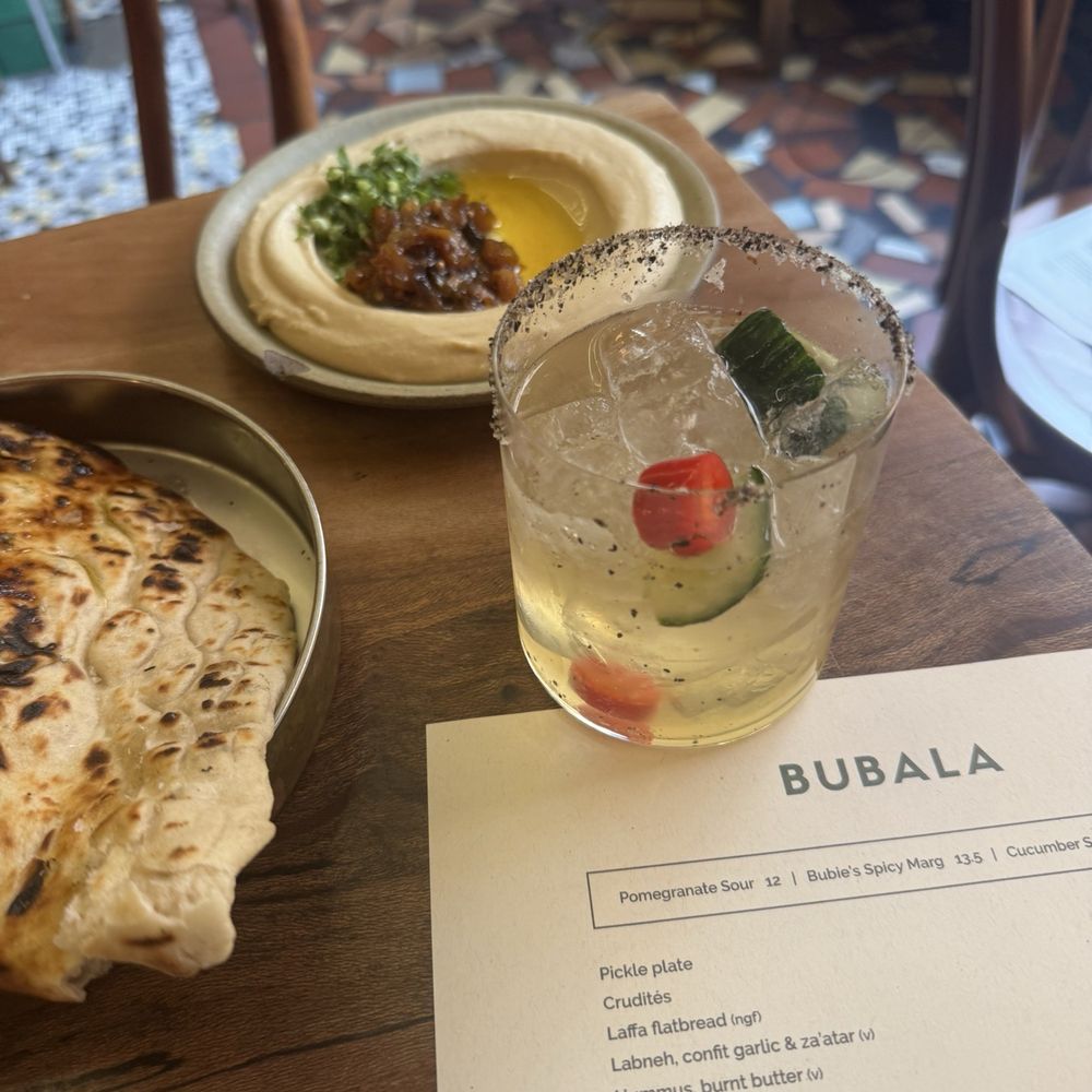 Bubala Spitalfields  - Laffah, hummus with lime leaf and mango chutney, cucumber mocktail. - Vegetarian Near Me - London, XGL