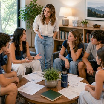 Guide Behavioral Health - Therapist leading an interactive teen group focused on confidence, coping skills, and emotional wellness. - Counseling & Mental Health Near Me - Menlo Park, California Guide Behavioral Health - Therapist leading an interactive teen group focused on confidence, coping skills, and emotional wellness. - Counseling & Mental Health Near Me - Menlo Park, California