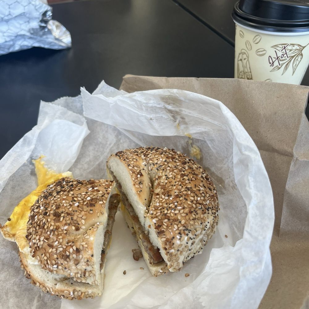 Everything bagel with egg cheese and sausage Everything bagel with egg cheese and sausage