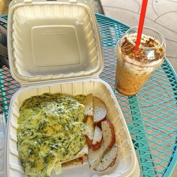 Cafe Crepes - Eggs Florentine Breakfast and iced caramel brûlée latte with oat milk - Cafes Near Me - Bakersfield, California