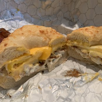 Bite a Bagel - Bacon egg and cheese on an Asiago bagel with bacon and chive cream cheese - highly recommend! - Bagels Near Me - St. Augustine, Florida