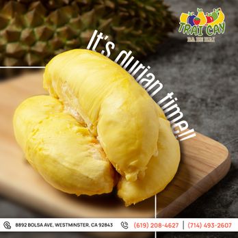Trai Cay Ba Be Hai - two pieces of durian on a cutting board - Fruits & Veggies Near Me - Westminster, California Trai Cay Ba Be Hai - two pieces of durian on a cutting board - Fruits & Veggies Near Me - Westminster, California