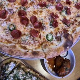 Pesto Pizza, Large Pizza with jalapeños and pepperoni custom pizza, and wings Pesto Pizza, Large Pizza with jalapeños and pepperoni custom pizza, and wings