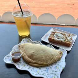 Rainbow Bakery - Breakfast handpie, pistachio rose blondie, iced green tea