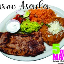 Cinco De Mayo - Grilled steak marinated to perfection, served with rice and beans  pico de gallo. sliced tender--classic carne asada with bold, juicy soul.