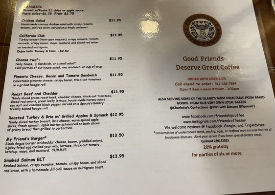 Menu photo 2 Friendship Coffee Company Savannah, GA