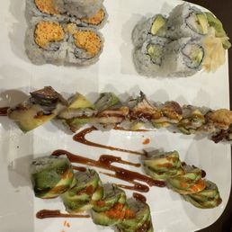 Spicy crab, California roll, dragon roll, something wrong roll