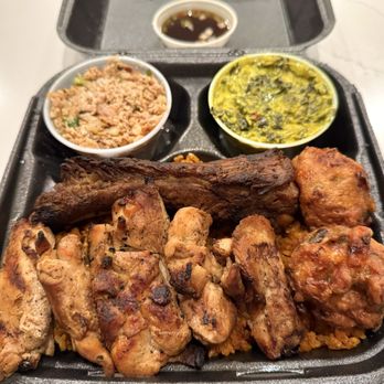Red Rice - Locals Plate (BBQ chicken, BBQ pork spare rib & Shrimp patties) w/ Chicken Kelaguen and Hagun Suni Spinach sides. - Barbeque Near Me - Las Vegas, Nevada