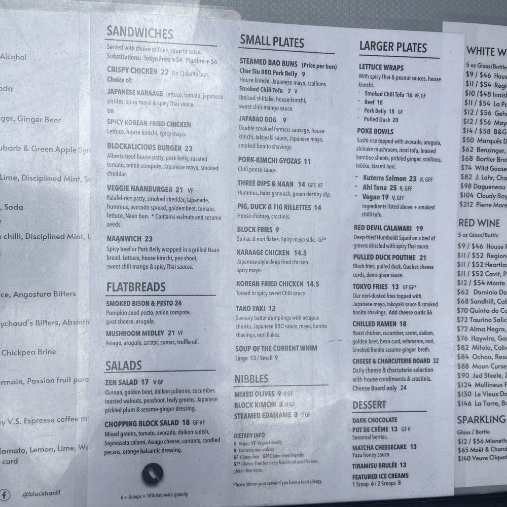 Block Kitchen + Bar - Menu (6/2023) - Sandwiches Near Me - Banff, Alberta
