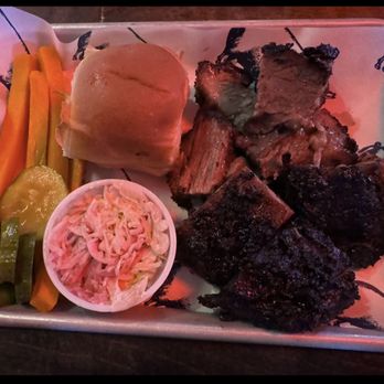 Prohibition Pig - Brisket, slaw, pickles, pickled carrots, and a roll. - Barbeque Near Me - Waterbury, Vermont