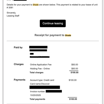 Shade - Payment that Shade kept from us each, even after we told them we do not want to proceed due to all the red flags. - Apartments Near Me - Las Vegas, Nevada Shade - Payment that Shade kept from us each, even after we told them we do not want to proceed due to all the red flags. - Apartments Near Me - Las Vegas, Nevada