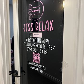 Jess Relax - Suite 116 Is open and ready for business!! 951-385-5119 $95/60 min. $120/90 min. *Gratuity included - Massage Therapy Near Me - Murrieta, California Jess Relax - Suite 116 Is open and ready for business!! 951-385-5119 $95/60 min. $120/90 min. *Gratuity included - Massage Therapy Near Me - Murrieta, California