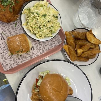 Honeymoon Chicken - Honeymoon Chicken Sandwich, brussel Honey Dipped Sprouts, Seasoned Wedge Fries, Cilantro - Lime Slaw, 2pc Combo, Honey Butter Roll (1) - Chicken Shop Near Me - Washington, DC, District of Columbia