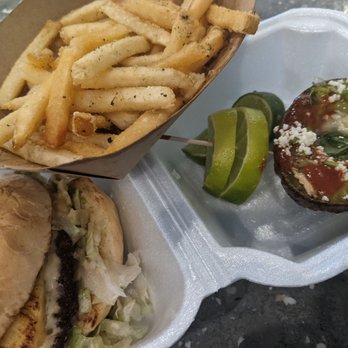 Dunes Brewing - Aloha Burger with Mojo Fries and a Fire Roasted Avocado - Breweries Near Me - Port Orange, Florida Dunes Brewing - Aloha Burger with Mojo Fries and a Fire Roasted Avocado - Breweries Near Me - Port Orange, Florida