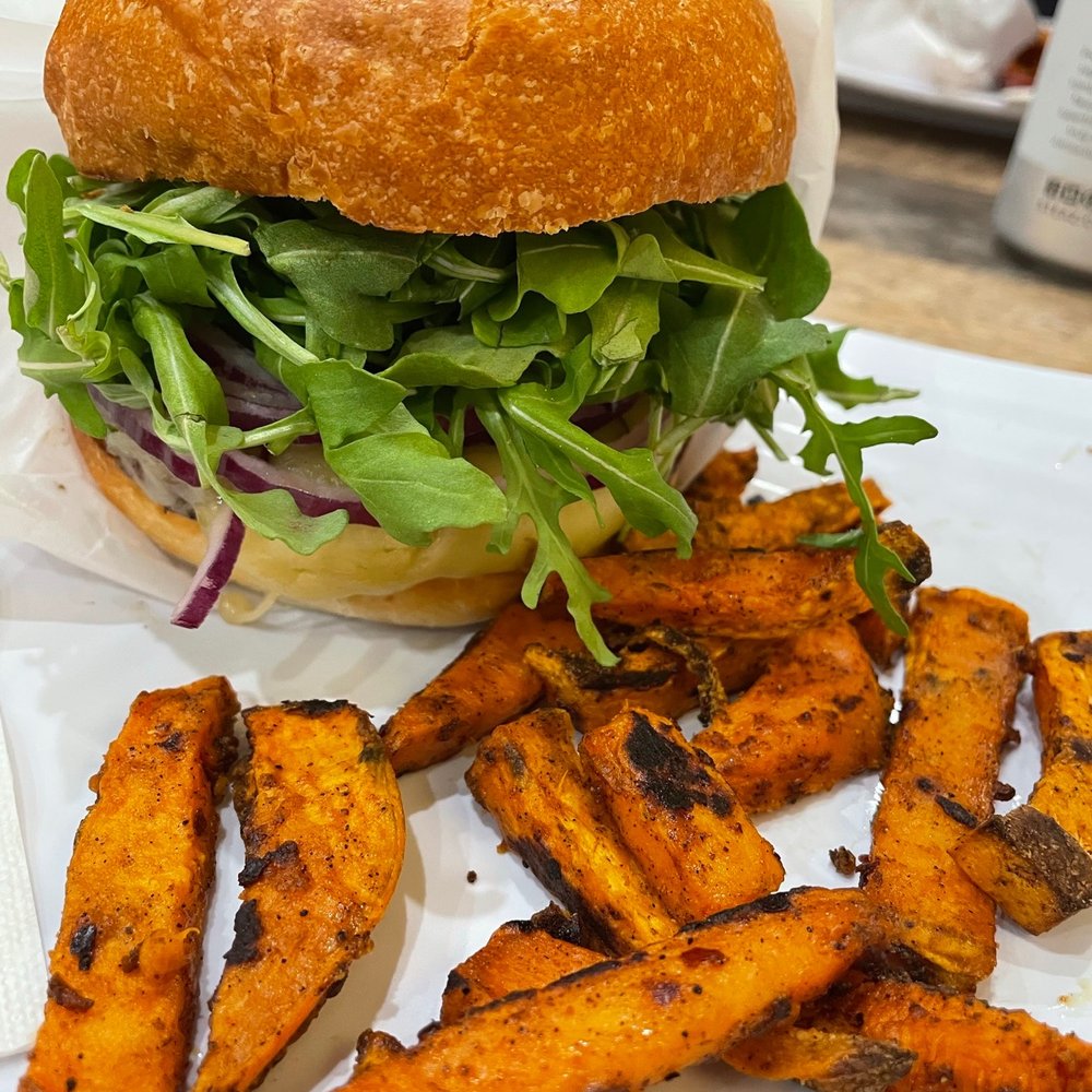 Creole Burger with Baked Sweet Potato Fries Seasoned Creole Burger with Baked Sweet Potato Fries Seasoned