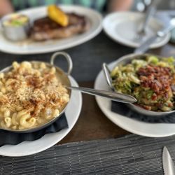 Summer House Steak & Seafood - Five cheese macaroni jalapeño bacon crusted and Shaved bourbon bacon brussels