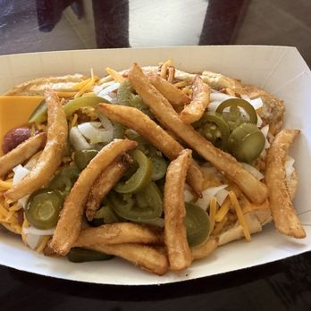 Crazy Eddie's Panini Grill - Dirty Dog with cheese, chili, jalapeños, and beer batter fries. - Barbeque Near Me - San Andreas, California Crazy Eddie's Panini Grill - Dirty Dog with cheese, chili, jalapeños, and beer batter fries. - Barbeque Near Me - San Andreas, California