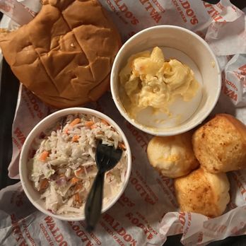 Waldo's Chicken & Beer - Pulled chicken sandwich, coleslaw, Mac and cheese, and corn muffins - Chicken Shop Near Me - Nashville, Tennessee