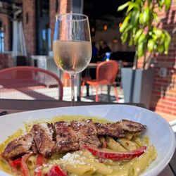 Homshuk Mexican Kitchen & Bar - Roasted Poblano Pasta topped with Grilled Chicken.