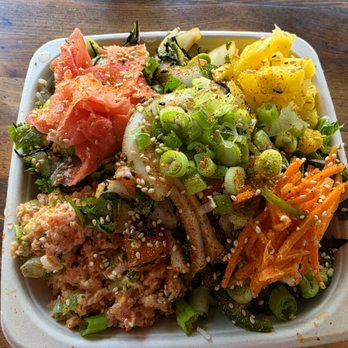 The Poke Company - Spicy tuna & salmon w/ rice, greens, onions, jalapenos, cucumbers, cilantro, edamame, seaweed, ginger, pineapple, scallions & sesame seeds - Poke Near Me - Boynton Beach, Florida