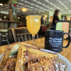 The Junction Kitchen - Fried sweet tea chicken + French toast, with bourbon pecan butter + rosemary maple syrup