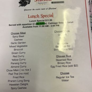 Thai Station - Lunch menu $11.99 - A menu from Thai Station restaurant listing lunch specials, meal options, rice choices, and beverages, with a logo and contact number. - Thai Near Me - Payson, Arizona