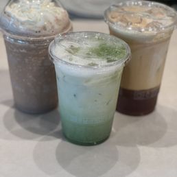 left: chocolate frappe
middle: apple matcha
right: salted vanilla cream cold brew left: chocolate frappe
middle: apple matcha
right: salted vanilla cream cold brew