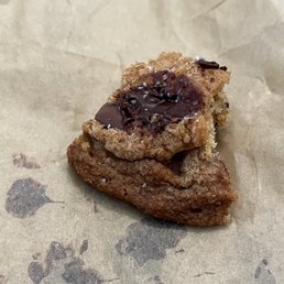 Sea salt chocolate chip cookie, so good already mostly eaten. Sea salt chocolate chip cookie, so good already mostly eaten.