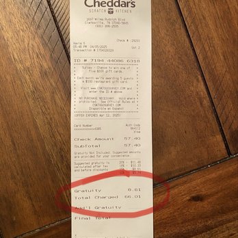 Cheddar's Scratch Kitchen - Automatic gratuity-trash. - Comfort Food Near Me - Clarksville, Tennessee Cheddar's Scratch Kitchen - Automatic gratuity-trash. - Comfort Food Near Me - Clarksville, Tennessee