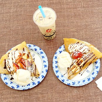 Crepe & Tea Bar - Strawberry, Banana, and Nutella crepes w/ Vanilla Ice Cream ... and, a Coffee Boba! Yummm! - New American Near Me - Newark, California Crepe & Tea Bar - Strawberry, Banana, and Nutella crepes w/ Vanilla Ice Cream ... and, a Coffee Boba! Yummm! - New American Near Me - Newark, California