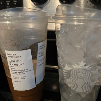 Starbucks - I ordered my venti iced oat milk coffee with no ice and got the cup on the left (third filled), this place is a joke. - Coffee & Tea Near Me - Parker, Colorado Starbucks - I ordered my venti iced oat milk coffee with no ice and got the cup on the left (third filled), this place is a joke. - Coffee & Tea Near Me - Parker, Colorado