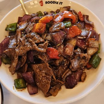 Noodle St - Chino - Black Pepper Beef with added knife cut noodles - Noodles Near Me - Chino, California Noodle St - Chino - Black Pepper Beef with added knife cut noodles - Noodles Near Me - Chino, California