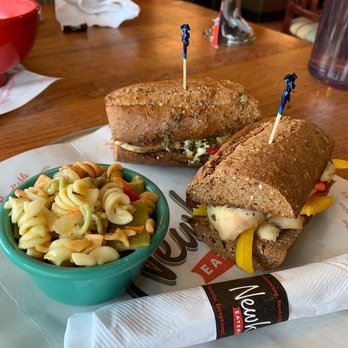 Newk's Eatery - Pesto Chicken Sandwich with side of pasta salad - Salad Near Me - Plano, Texas Newk's Eatery - Pesto Chicken Sandwich with side of pasta salad - Salad Near Me - Plano, Texas