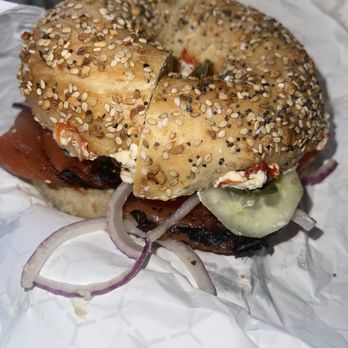 Bagels on Park - Everything bagel with onions, cucumbers, lox, and cream cheese - Coffee & Tea Near Me - Weehawken, New Jersey