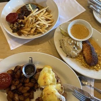 The Cheesecake Factory - Steak Frites*, Fried Chicken & Waffles Benedict, cajun salmon . We didn't take pics of the Brussels sprouts and Mac& and Cheese balls - Desserts Near Me - Corte Madera, California
