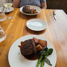 Steak, tallow potatoes, pork chop.