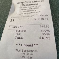 Lucky Cafe Chinese Restaurant - Price at the time of my purchase