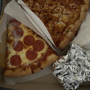 Grand Avenue Pizza - Slice Extra Cheese with Peperoni and a Chicken Slice - Pizza Near Me - Astoria, New York