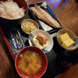 Fukagawa - D- combo (grilled fish). Rice, grilled fish (mackerel), egg, natto, miso soup, cold tofu, and Japanese pickles
