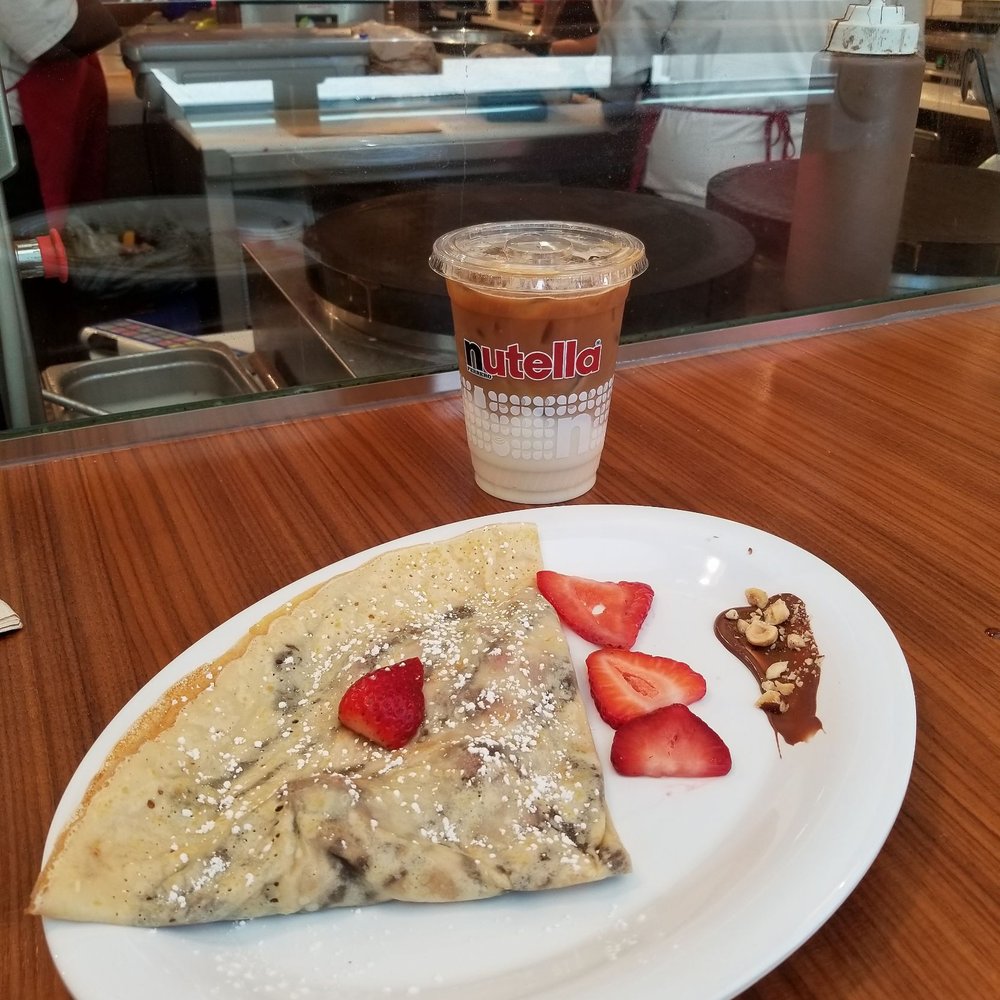 Nutella Cafe - Strawberry Nutella crepe and iced latte. - Desserts Near Me - Chicago, Illinois Nutella Cafe - Strawberry Nutella crepe and iced latte. - Desserts Near Me - Chicago, Illinois