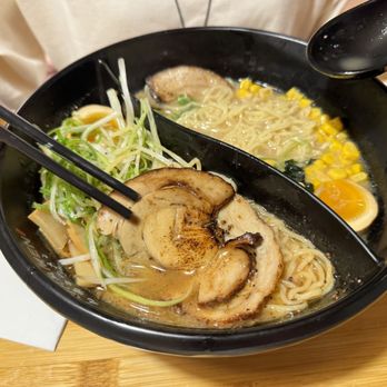 Kyuramen - Sandy Springs - Split Bowl where you can try two different Ramens. Tonkotsu Shoyu Black Garlic and Tonkotsu Shio - Ramen Near Me - Sandy Springs, Georgia Kyuramen - Sandy Springs - Split Bowl where you can try two different Ramens. Tonkotsu Shoyu Black Garlic and Tonkotsu Shio - Ramen Near Me - Sandy Springs, Georgia