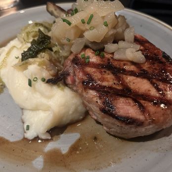 Esin Restaurant & Bar - Pork chop with ginger pear Chutney and Garlic Mash - New American Near Me - Danville, California Esin Restaurant & Bar - Pork chop with ginger pear Chutney and Garlic Mash - New American Near Me - Danville, California